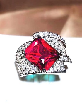 欧美轻奢设计感玫红钻豪华镶钻红C刚玉戒指女红宝石气质百搭开口