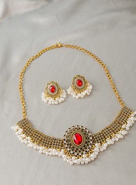 欧美跨境货源满镶珍珠亮片靓闪复古项链套装耳Q环个性拼色耳环链