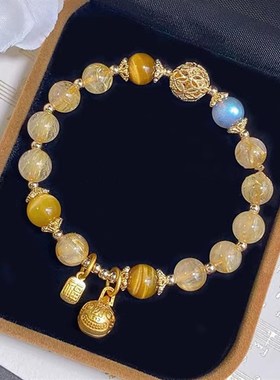 天然金发晶水晶月光石手链吞金兽钛晶黄发晶手串T财富石送女友礼