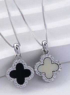 s925银玛瑙四叶草吊坠韩t系chic女款气质四叶草项链锁骨链时尚饰