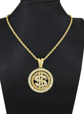 个性跨境b镶钻转动美金可旋转美元吊坠项链嘻哈潮流穿搭卫衣古巴