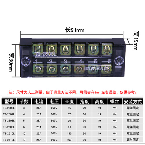 接线端子TB-2506.接线排.板 (电流25A 6位)线连接器接线柱端子排 - 图0