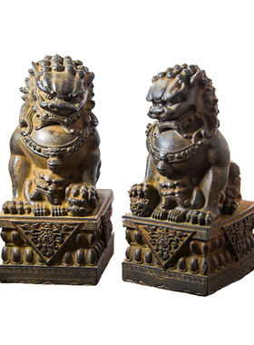 迷你国风铁锈石狮子创意办公桌面小摆件装饰造景摆设树脂茶宠一对