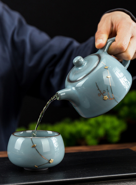 复古官窑茶壶一壶两杯家用茶杯简约礼盒手工焗钉茶碗陶瓷茶具盖碗
