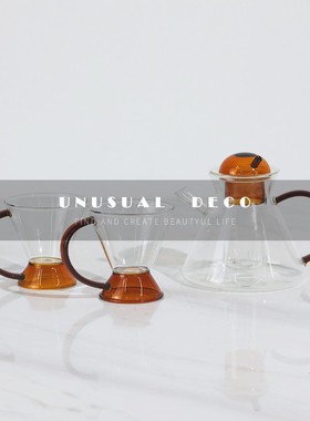 现代简约琥珀色玻璃泡茶茶壶x茶具摆件客厅餐桌厨房样板房软装饰