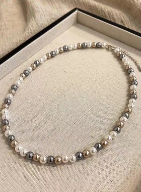 NK-129灰白k粉混色玻璃珍珠项链轻奢女新款颈链锁骨链网红饰品挂