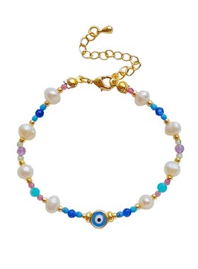 ins小众欧美民族风幸运蓝眼睛手D工编织天然珍珠串珠绿松石手链女