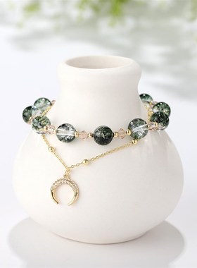 绿幽灵水晶手链小众双层微镶B锆石月亮串珠闺蜜水晶手串