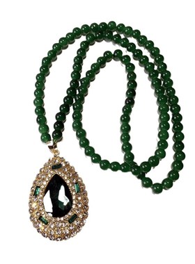 新款复古祖母绿串珠水晶项链女水B滴毛衣链长款高级感吊坠配饰挂