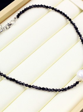 日韩网红脖链气质时尚o黑色水晶短款珍珠锁骨链项链颈链颈带项圈