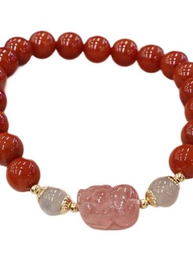 新款网红古风直播红色珠子手链草莓晶貔貅K月光石民族风手串学生