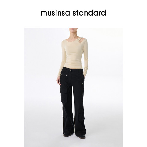 韩国25秋冬女士天丝镂空性感露肩简约长袖T恤musinsa standard - 图2