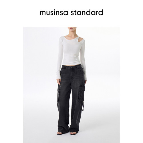 韩国25秋冬女士天丝镂空性感露肩简约长袖T恤musinsa standard - 图3