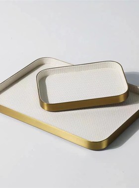 现代简约b欧式轻奢金属皮质长方形托盘摆件样板房售楼处软装饰品