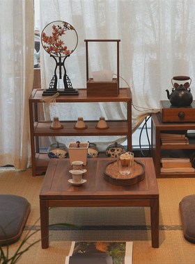 飘窗桌新中式小炕方q桌黑胡桃木榻榻米禅意日式阳台矮桌