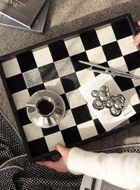 黑白棋盘格子托 托盘高档客厅玄关B桌面收纳首饰盒样板房拍照道具