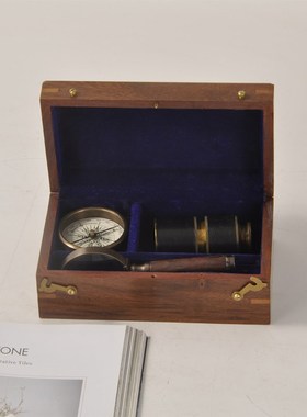 进口黄铜复古怀旧望远镜指南针放大镜书房软装样板房摆件老人礼品