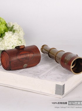 印度进口纯铜牛皮单筒可伸缩复古E望远镜办公室样板间装饰品摆件
