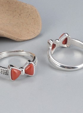 【蝴蝶结】仿南i红玛瑙戒指女时尚简约韩版小众设计开口食指指环