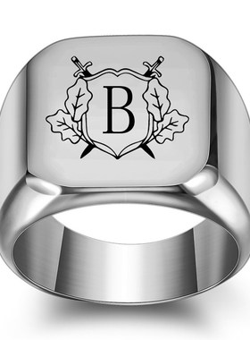 欧美时尚26个双剑个性英文首字C母钛钢戒指方形光面潮男指环