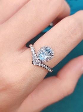 天然天空蓝托帕石戒指 抖u音基地检测天然橄榄石水滴梨形皇冠戒指