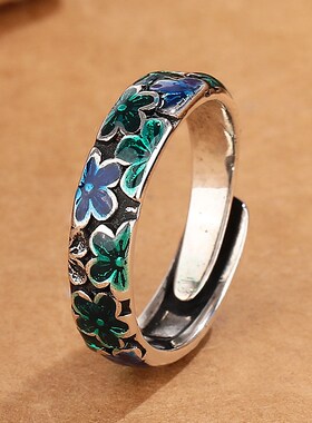 复古民族风文艺范繁花梅花戒指女气质F泰银做旧滴胶工艺创意手饰