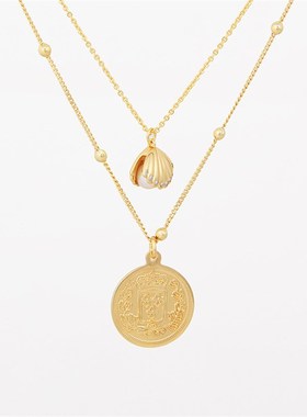 网红款短项链女淡水珍珠贝壳x圆形女王头像金币吊坠双层轻奢锁骨