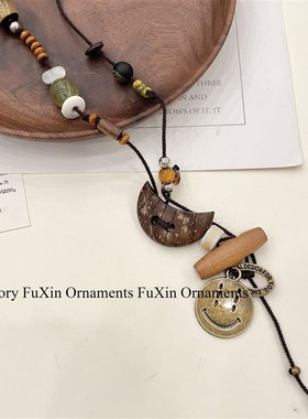 新款复古笑脸装饰吊坠项链t小众设计百搭配饰古着多元素项链毛衣