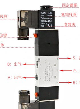 气动电磁阀组4v230c-08三位五通4v230气阀双头线圈电磁控制阀组合