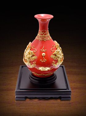 双龙玉壶春红花瓶 厦门漆线雕工艺品摆件生日乔迁开业祝寿礼物