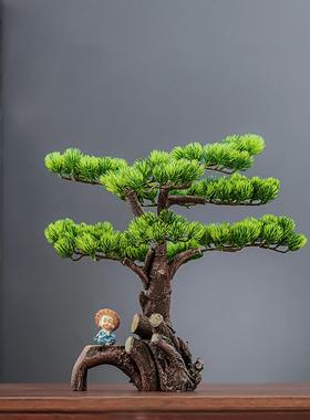 创意仿真绿植迎客松装饰鱼缸假山造景流水中式玄关禅意摆件装饰品