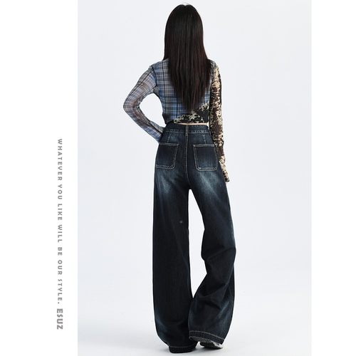 深蓝色A24897渐阔腿牛仔拖裤女秋高季新款腰宽松美式松弛垂感直筒 - 图3