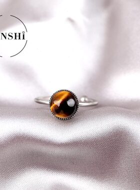 欧美不锈钢天然石戒指 法式开口戒指复古天然石指环轻奢食指戒女