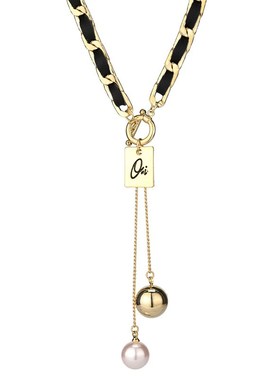 欧美ins钛e钢项链轻奢小众设计吊坠冷淡风金色皮质拼接锁骨链