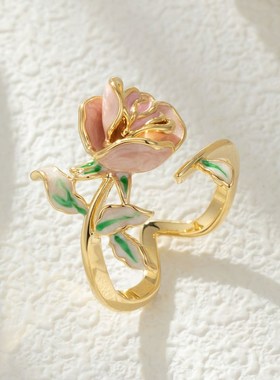 甜美优雅玫瑰花开口戒指女超仙油画风花园系列食指戒Y复古精致指