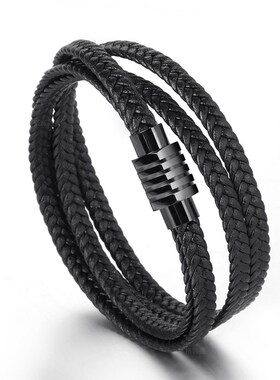 源头厂家男女士编织手链多y股编织手串双层牛皮钛钢手环现货