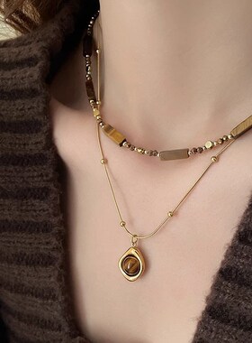 气质双层a叠戴秋冬美拉德串珠虎眼石款吊坠项链复古气质网红毛衣