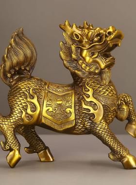 黄铜麒麟摆件一对家居店铺乔迁开业装饰工艺礼品铜火麒麟财福麒麟