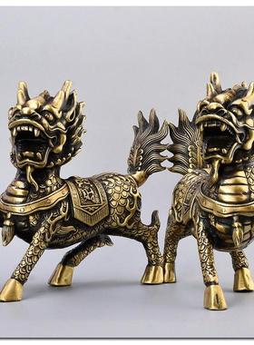 铜麒麟摆件大号火麒麟护宅门口旺财助财开业礼品一对家居工艺品