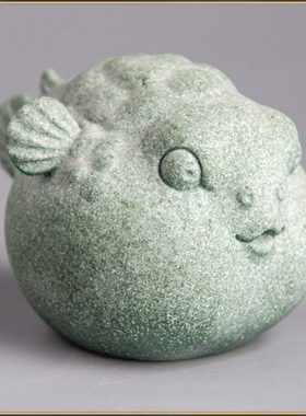 青砂石复古国潮新中式河豚鱼缸假山造景居家办公桌面装饰茶宠摆件