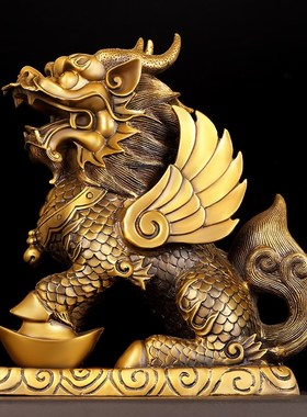 铜飞天麒麟摆件全铜公母麒麟祥y瑞麒麟一对家居书房办公室桌面装