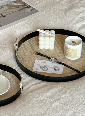 轻奢皮质首饰入户玄关收纳盘子皮革香薰托盘法式饰品客厅桌面摆件