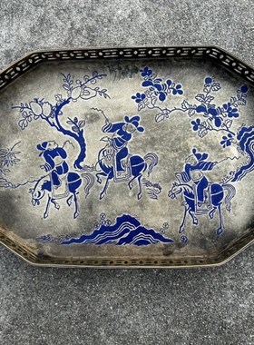 古玩杂项 大盘子 骑马图盘子 六角形 盘子中式古典摆件 复古铜器