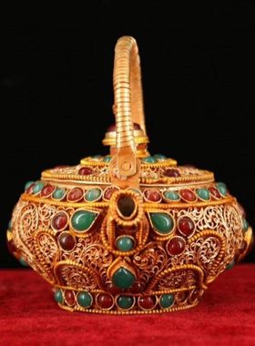 尼泊尔工艺老藏银镶嵌宝石纯手工打造掐丝小茶壶酥油壶收藏装饰品