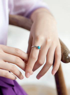 复古风做旧s925银小p巧精致戒指环女开口雕纹民族风绿松石国潮饰