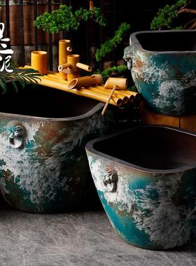 复古陶瓷仿古大缸浮世绘鱼缸落地摆件庭院园林粗陶手工流水水景盆