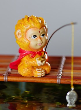 小猴子钓鱼水族箱鱼缸造景假山水池孙悟空装饰办公桌面摆件微景观