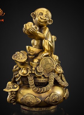 纯铜猴摆件聚宝盆猴金猴聚财猴吉祥物办公桌客厅玄关装饰家居摆件