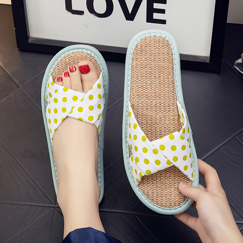 Women's indoor slippers for summer cool home polka dot fabric breathable linen sweat-absorbent cotton and linen slippers for all seasons