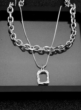 不锈钢项链 爆款新发小方框吊坠项链 K相框粗链叠戴两层锁骨链